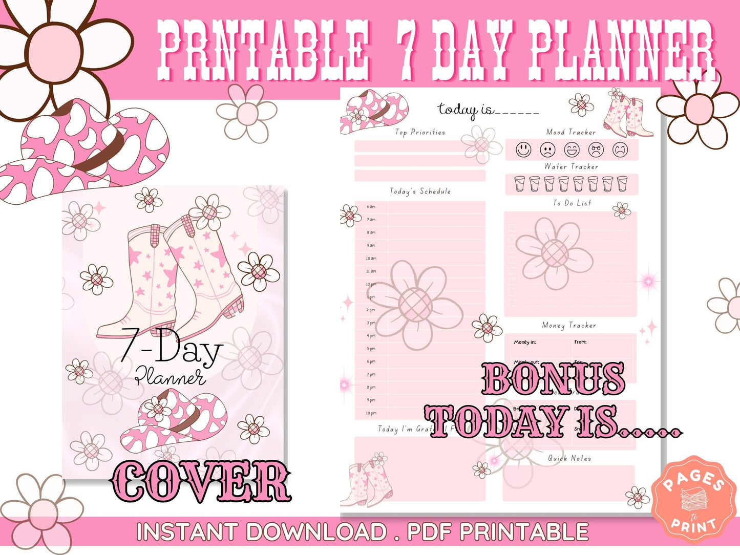 Pink Cowboy Boots Planner - 7-Day Planner in Western Theme - Printable Cute Planning Gift for Teens Coastal Cowgirl Download Aesthetic