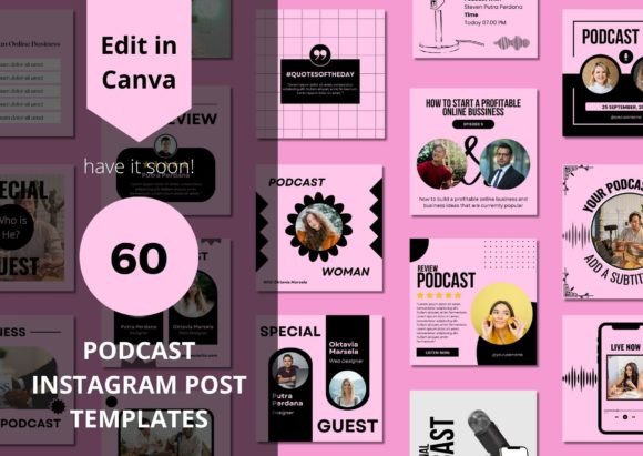 60 Podcast Social Media Canva Templates PLR MRR Digital Products from Grit Ground