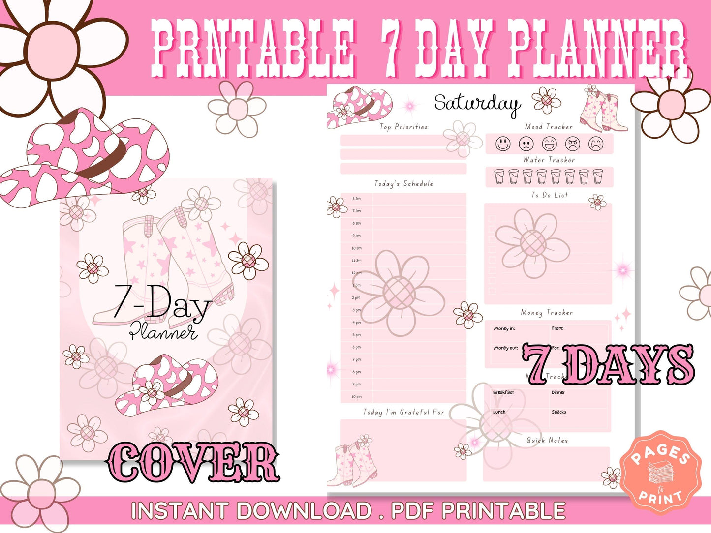 Pink Cowboy Boots Planner - 7-Day Planner in Western Theme - Printable Cute Planning Gift for Teens Coastal Cowgirl Download Aesthetic