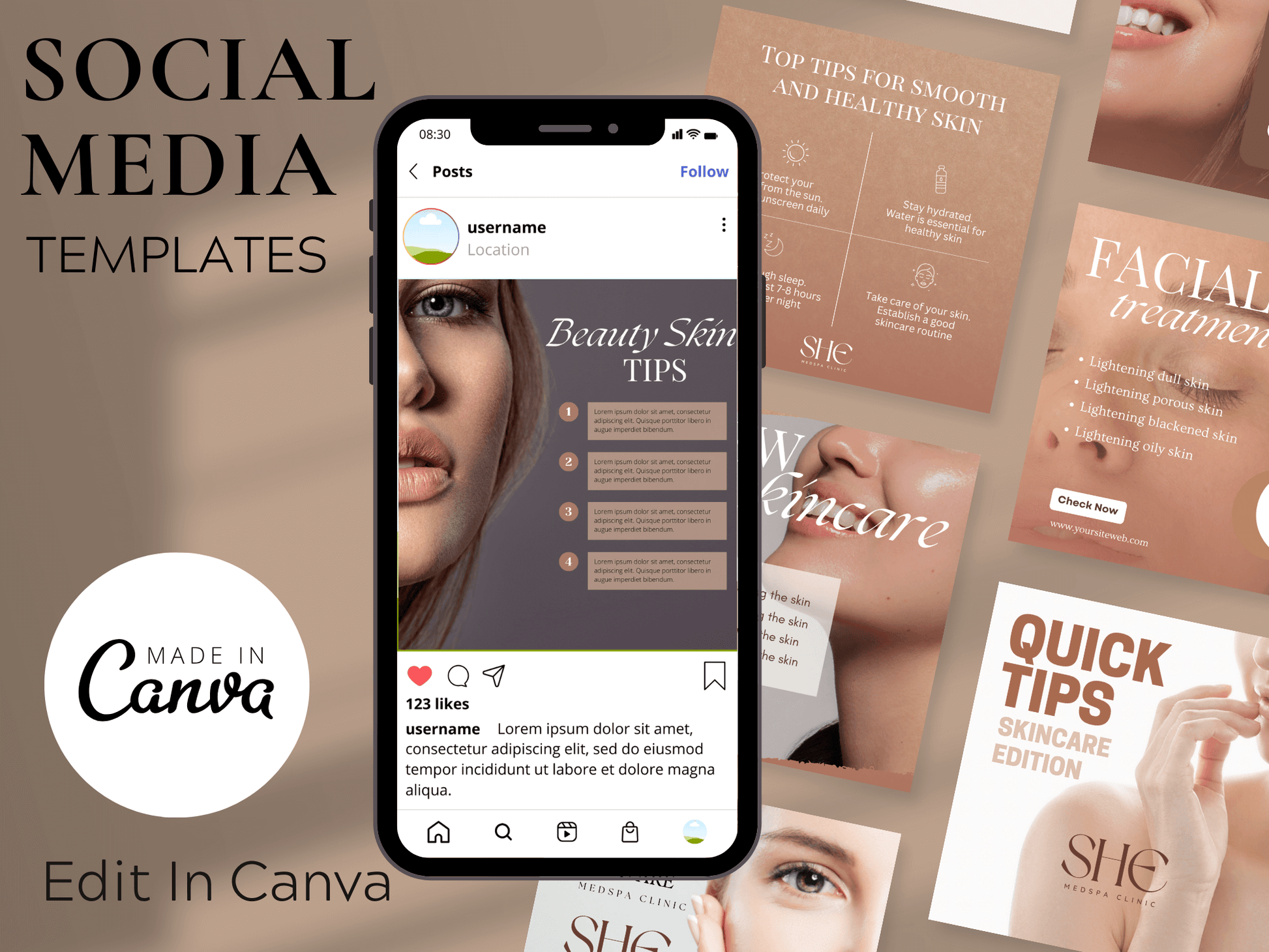 60 Skincare Social Media Canva Templates PLR MRR Digital Products from Grit Ground