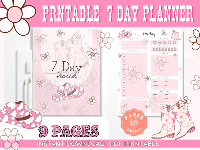 Pink Cowboy Boots Planner - 7-Day Planner in Western Theme - Printable Cute Planning Gift for Teens Coastal Cowgirl Download Aesthetic