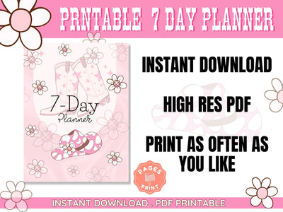 Pink Cowboy Boots Planner - 7-Day Planner in Western Theme - Printable Cute Planning Gift for Teens Coastal Cowgirl Download Aesthetic