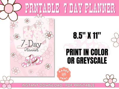 Pink Cowboy Boots Planner - 7-Day Planner in Western Theme - Printable Cute Planning Gift for Teens Coastal Cowgirl Download Aesthetic