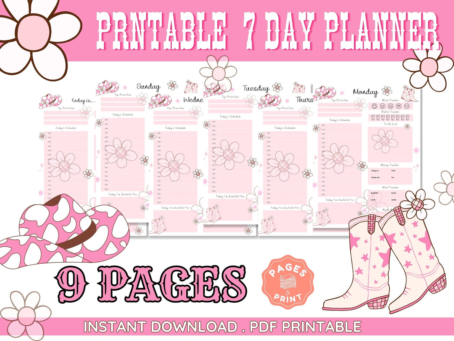 Pink Cowboy Boots Planner - 7-Day Planner in Western Theme - Printable Cute Planning Gift for Teens Coastal Cowgirl Download Aesthetic